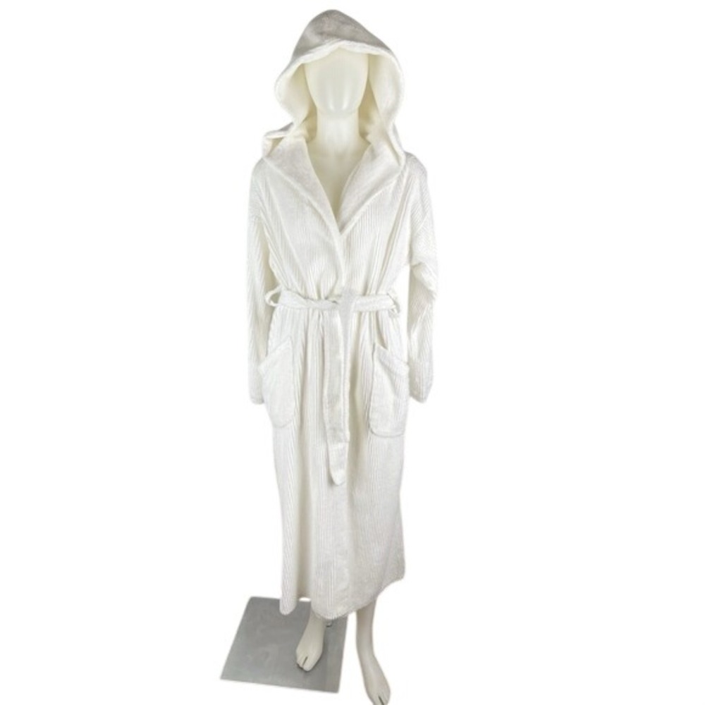 Stan Herman White Long Bath Robe Hoodie SZ M Flaws